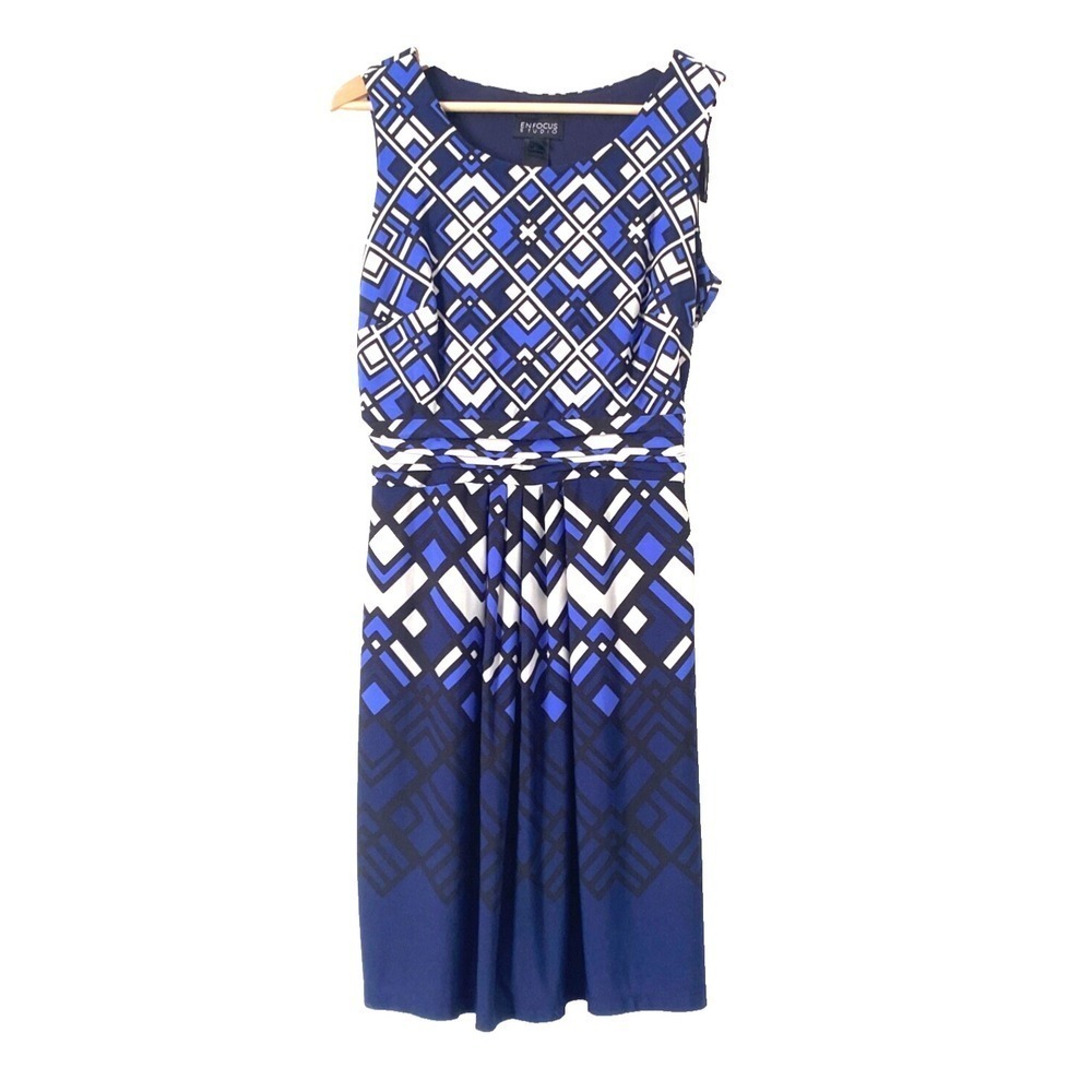En-Focus Studio Abstract Blue, Black & White Pleated Side Zip Sleeveless Dress 8